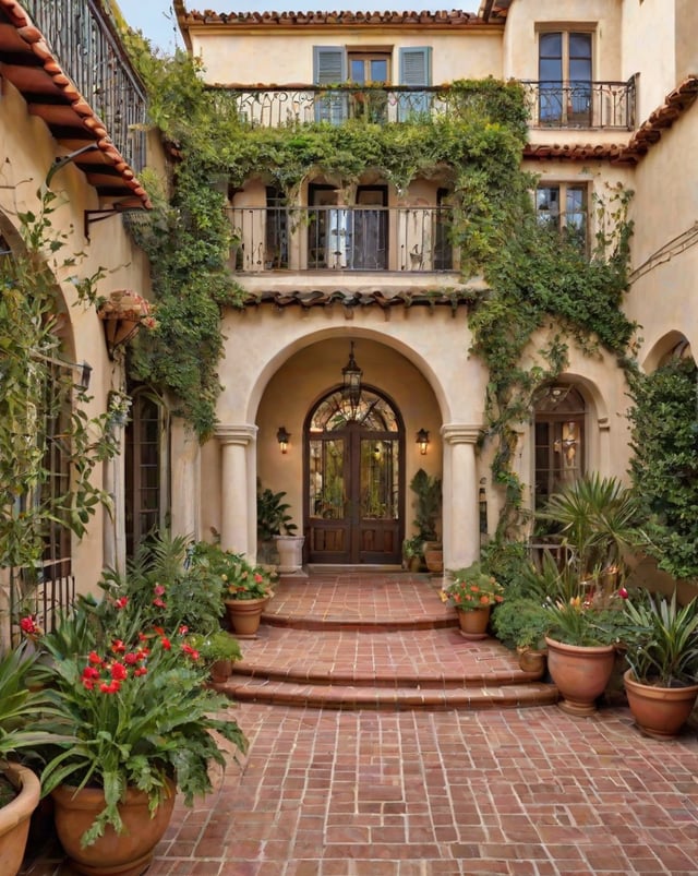 A Spanish style house with a brick walkway and a large archway. The house is adorned with ivy and has a large balcony. The entrance is decorated with potted plants and flowers.