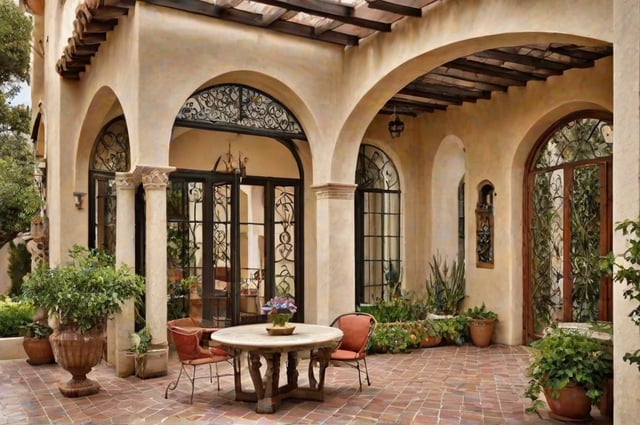 A Spanish style patio with a round table and chairs, surrounded by potted plants and a large archway.