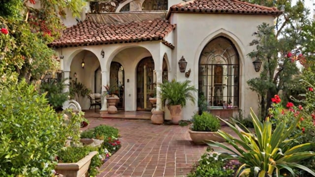 A Spanish style house with a red tile roof and white stucco walls, surrounded by many potted plants.