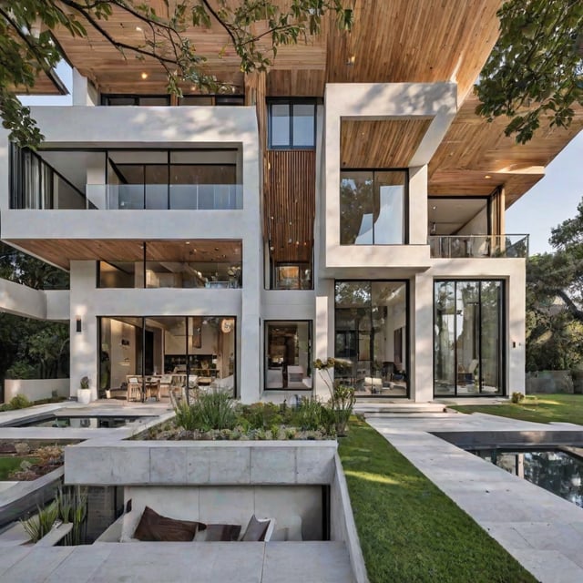 Modern house exterior with a pool and pond. Split level design with potted plants and green lawn.