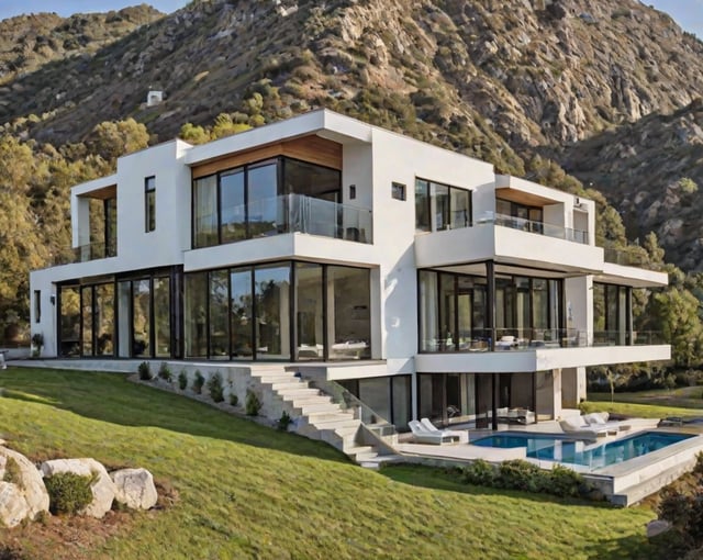 A large, modern house with a pool and a deck overlooking the mountains. The house has a white exterior and a glass wall, giving it a sleek and contemporary look.