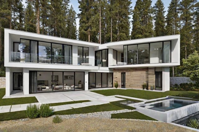 A modern house exterior with a large glass wall and a pool in the backyard. The house is surrounded by trees and has a patio area with a potted plant.