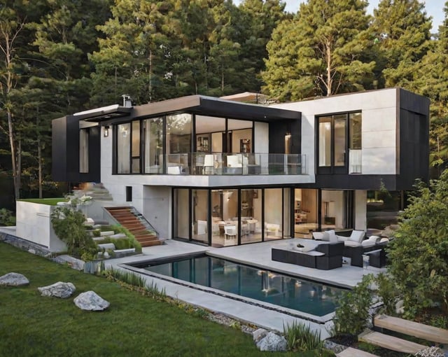 A modern house with a large pool and deck. The house has a black and white design with large windows and a balcony overlooking the pool.