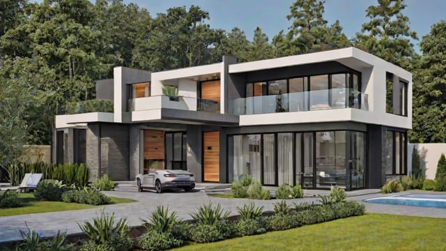 A modern house exterior with a car parked in front of it. The house is a two story building with a white and gray color scheme. The car is parked on the driveway, and there are potted plants surrounding the area. The house has a large window that spans across the entire second floor, providing ample natural light to the interior. The overall design of the house is sleek and contemporary, making it an attractive and inviting space.