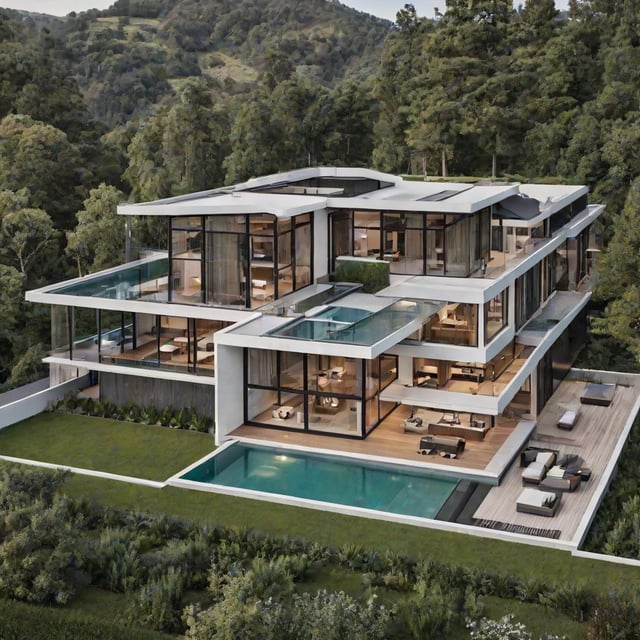 A large, modern house with a pool and a forest in the background. The house has a sleek design with many windows and a rooftop terrace. The pool is surrounded by chairs and a couch, making it a perfect spot to relax and enjoy the view.