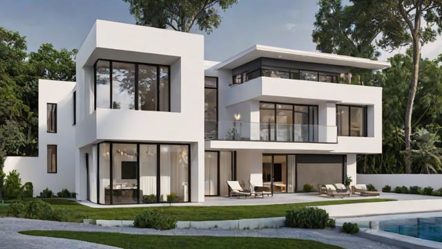 A modern house exterior with a large glass wall and a spacious patio with chairs and a couch.