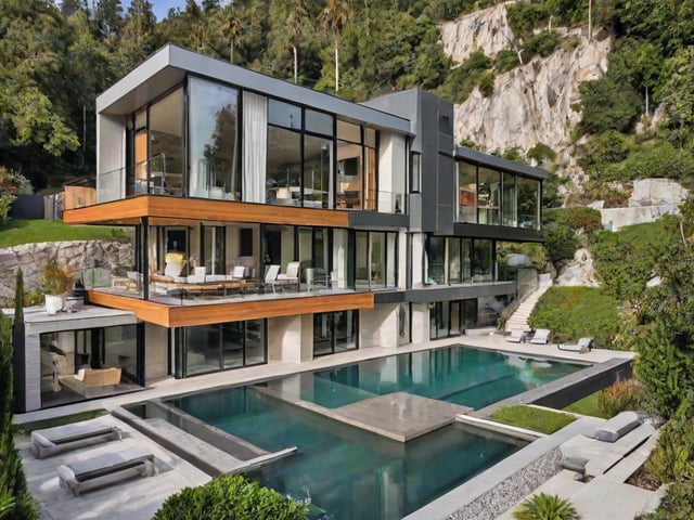 A modern house exterior with a large pool and deck. The house has a gray and brown color scheme. The pool is surrounded by chairs and a bench.