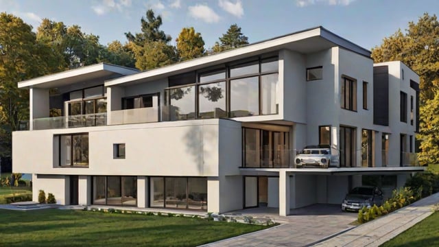 Modern house exterior with a white and grey color scheme, large windows, and a spacious driveway.