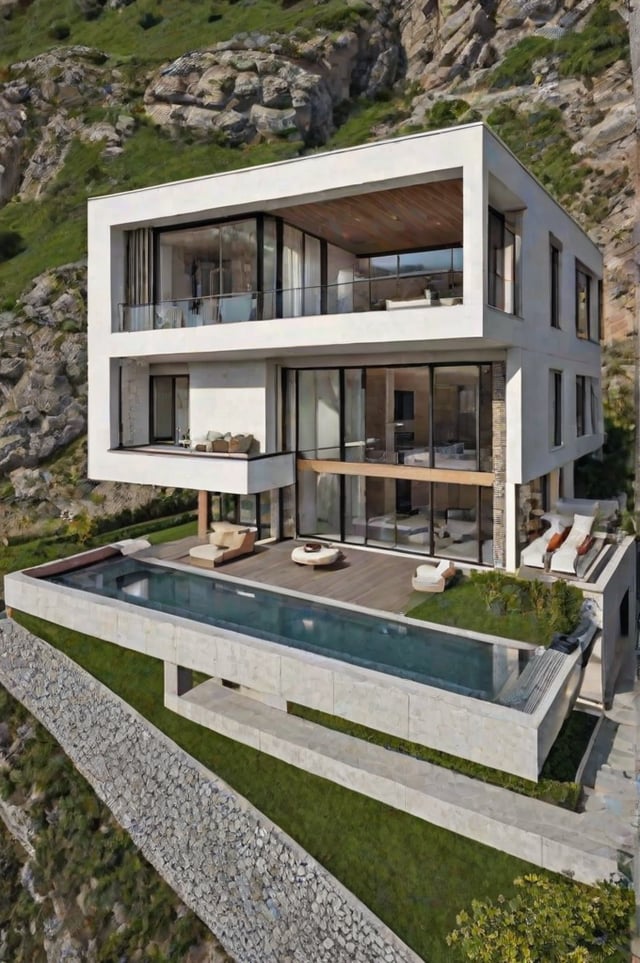 A modern house exterior with a large pool and deck overlooking a hillside.