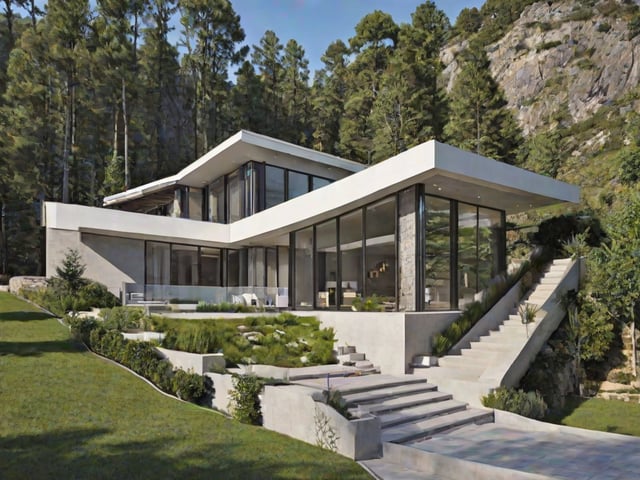 A modern house exterior with a staircase and a large window. The house is surrounded by a lush green hillside and a forest.