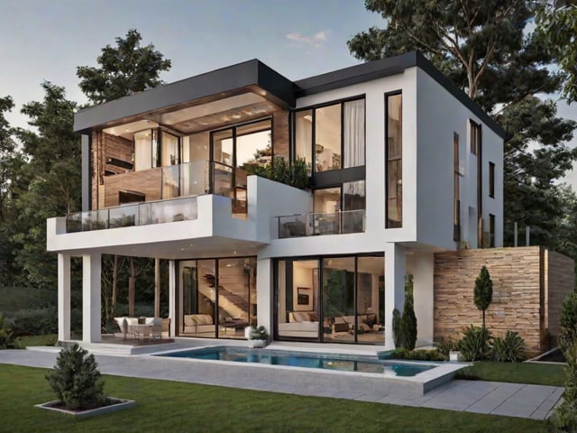 Modern house exterior with pool and deck