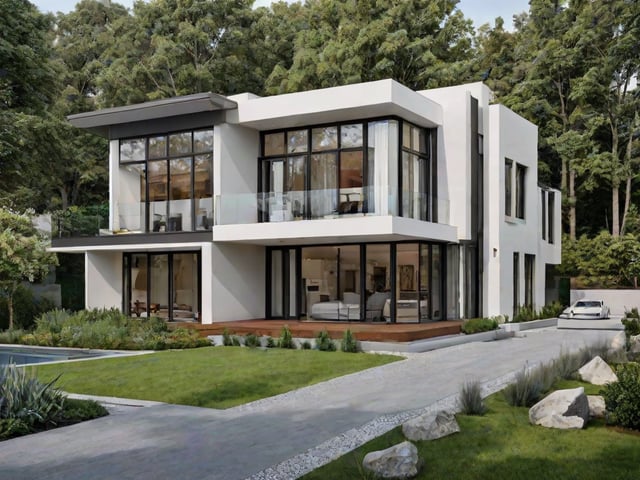 Modern house exterior with white and black color scheme, large deck, and balcony overlooking the yard.