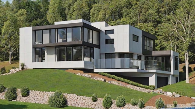 A modern house exterior with a white and black design, featuring a large glass wall and a balcony overlooking a grassy hillside.