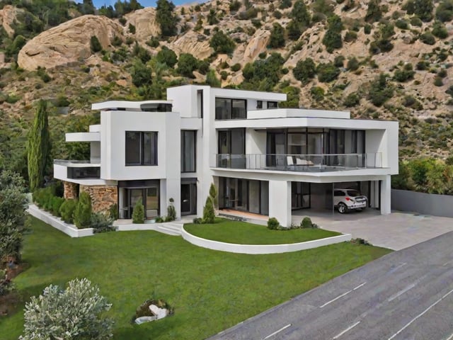 A large white house with a car parked in the driveway.