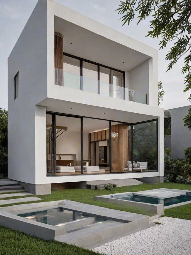 A modern house exterior with a large glass wall and a balcony overlooking a garden. The house features a pool and a pond in the backyard.