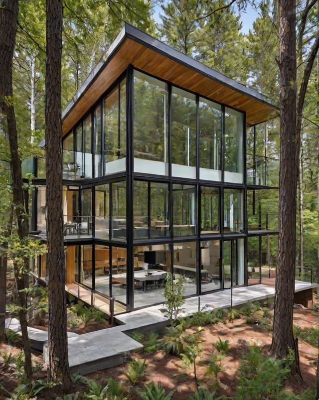 Modern house exterior with large glass wall and trees in the background