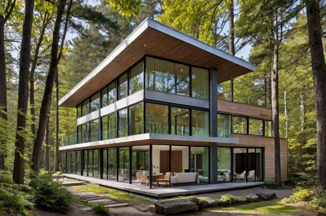 Modern house exterior with large glass wall and wooden roof. Surrounded by trees and featuring a spacious deck.