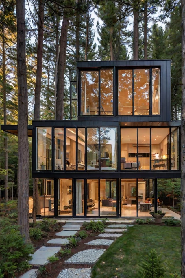 A modern house exterior with a tree growing through the middle of the structure.