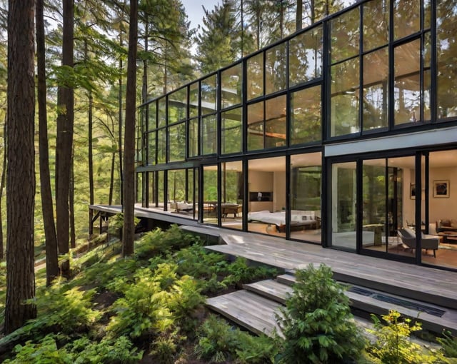 A modern house exterior with a large glass wall and a deck overlooking the forest.