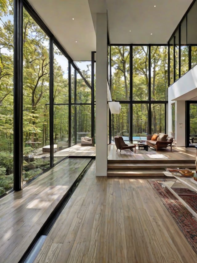 Modern house exterior with large windows and a spacious living room