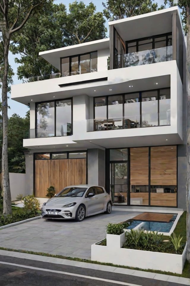 A white car parked in front of a modern house exterior with a large deck and swimming pool.