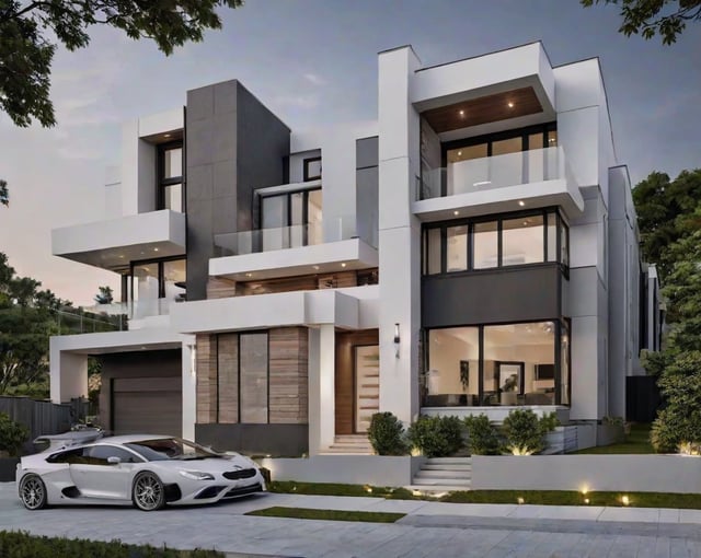 A white and black sports car parked in front of a modern house with a large garage and driveway.