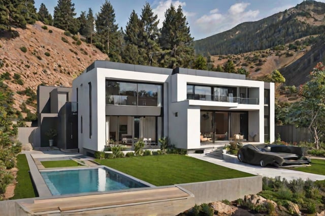 A modern house exterior with a pool and a car parked in front. The house is white and has a sleek design. The pool is located in the front yard, and the car is parked nearby.