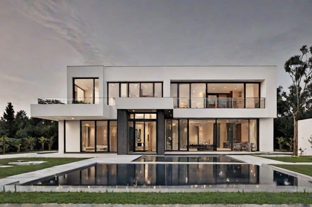 Modern house exterior with a large swimming pool in the backyard