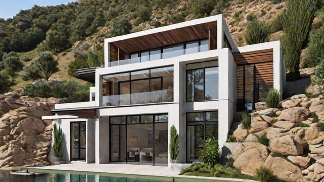 Modern house exterior with a large glass wall and swimming pool. The house has a white and brown color scheme and is situated on a hillside.