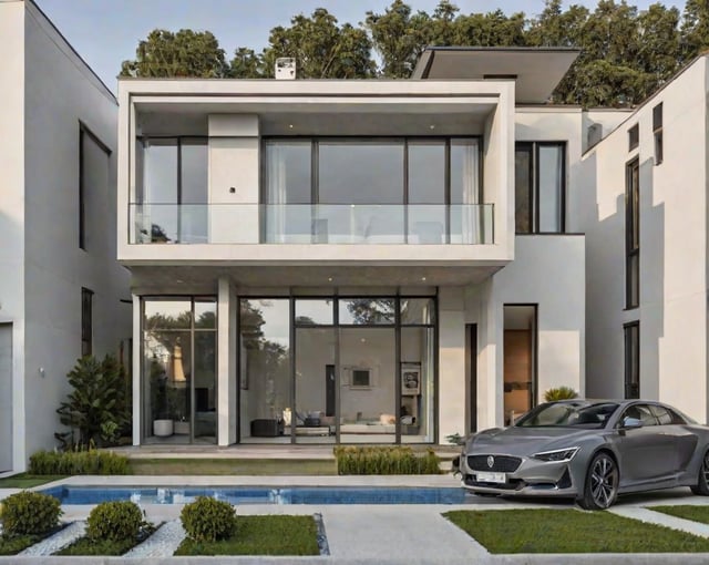 A modern house exterior with a swimming pool and a car parked in front.