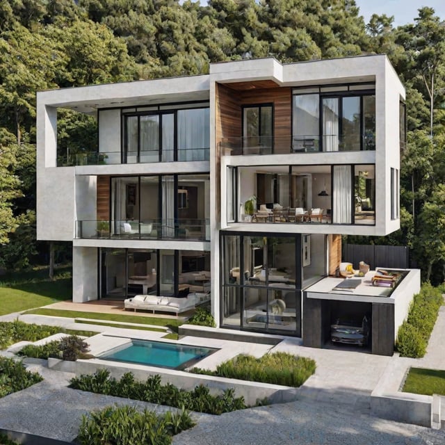 Modern house exterior with pool, garage, and deck. White house with trees in the background.