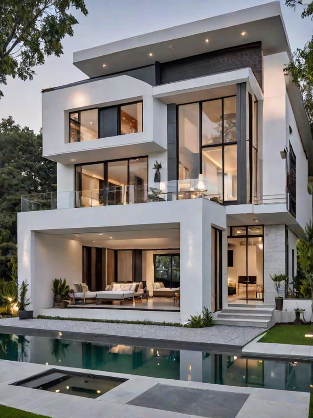 A modern house exterior with a swimming pool and living area. The house has a white and black color scheme and features a large window in the living room.