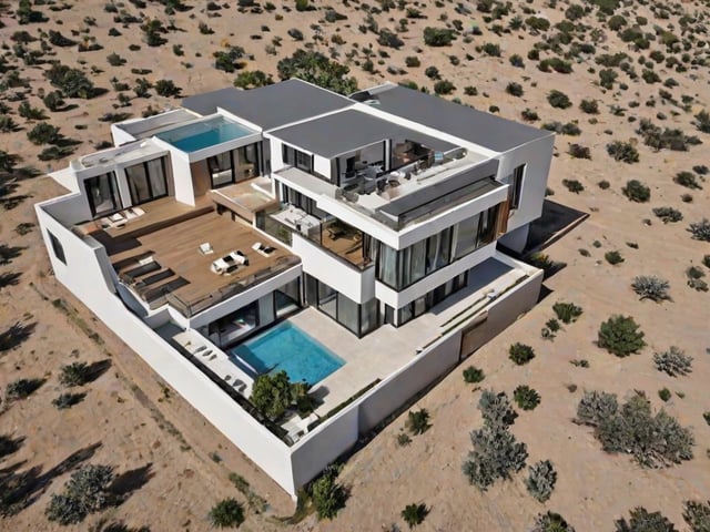 Modern house exterior with pool and deck in a desert landscape