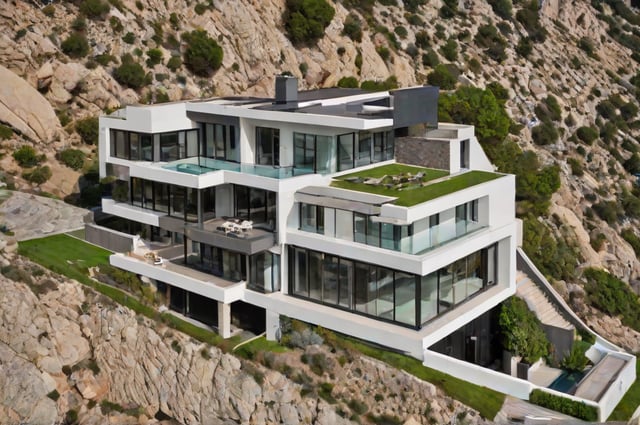 A modern house exterior with a green roof and a large glass wall.