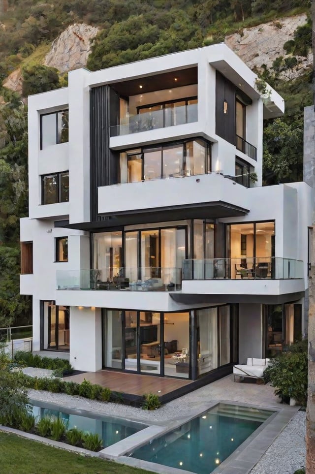 Modern house exterior with a balcony and greenery