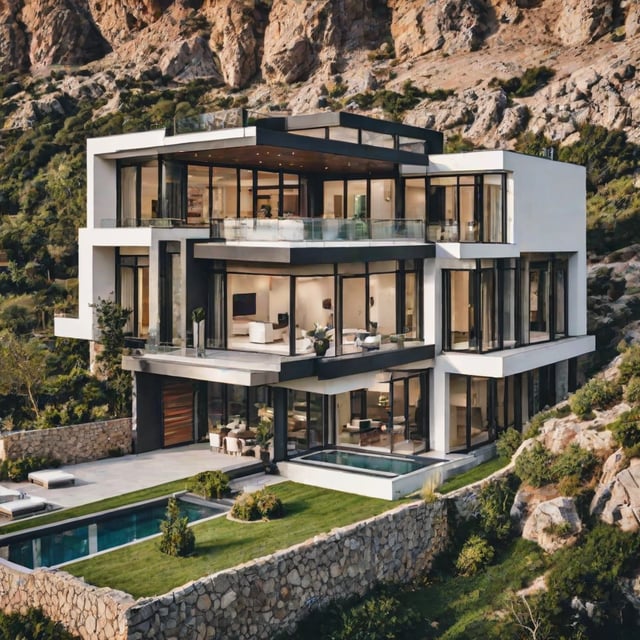 A modern house with a large glass wall and a pool in the backyard. The house is surrounded by a stone wall and has a mountain in the background.