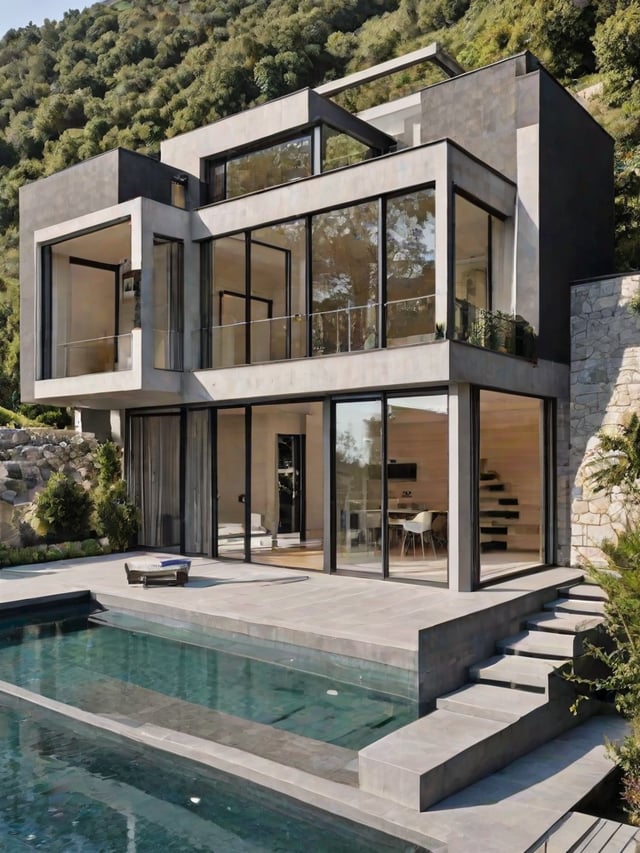 Modern house exterior with a large glass wall and a swimming pool. The house is surrounded by trees.