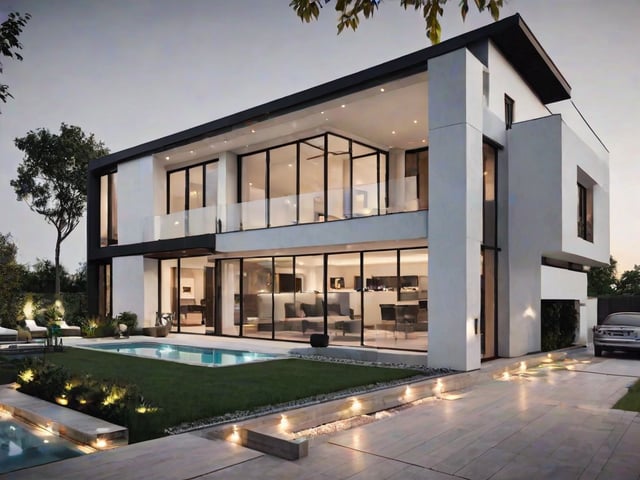 Modern house exterior with a pool and glass wall