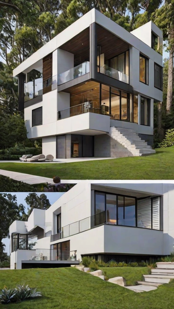 A modern house exterior with a staircase leading to the entrance. The house is white and has a sleek design.