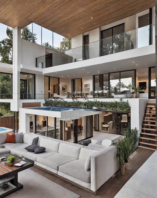 A modern house exterior with a large glass wall and a swimming pool. The house has a spacious living room with a couch and a dining area with chairs. The interior is well-lit and features a large window that provides a stunning view of the surroundings.