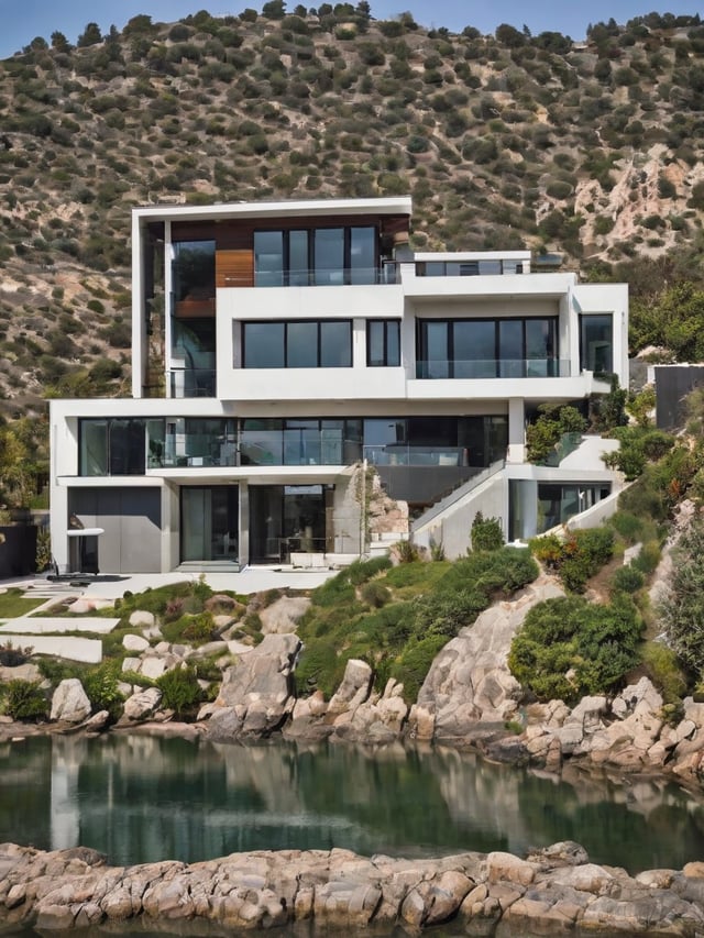 A large white house with a modern design overlooking a body of water. The exterior is adorned with greenery and features a large glass wall.