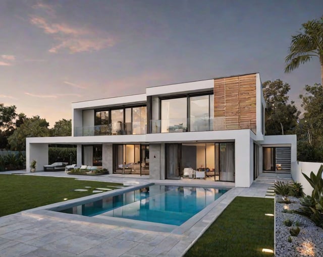 A large pool in front of a modern house with a white and wood design.