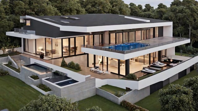 Modern house exterior with pool and deck area