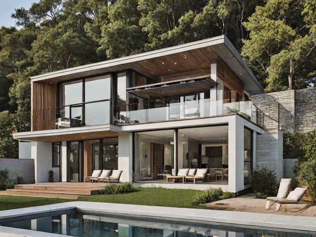 A modern house exterior with a large deck and swimming pool, featuring a white and wood design.