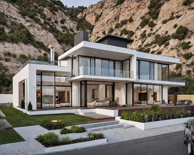 A modern house exterior with a large glass wall and balcony on a hillside.