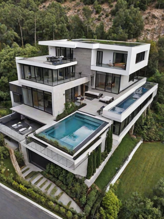 Modern house exterior with a large swimming pool and rooftop terrace