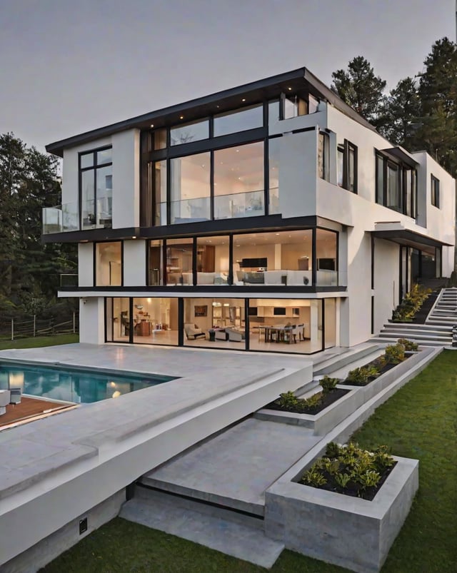 A modern house exterior with a large pool, a patio, and a staircase. The house has a white and black color scheme and features a large window on the second floor.