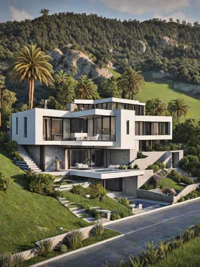 Modern house exterior with a large white house on a hillside, surrounded by palm trees and a pool.