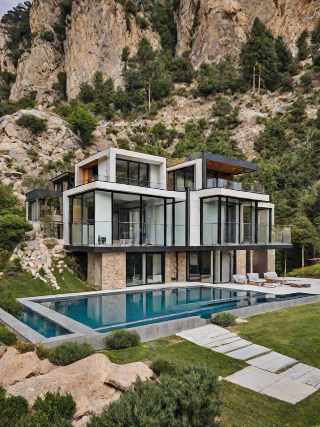 A modern house exterior with a pool and a deck. The house is surrounded by greenery and has a large deck with a pool. The design is sleek and contemporary, with a focus on functionality and aesthetics.