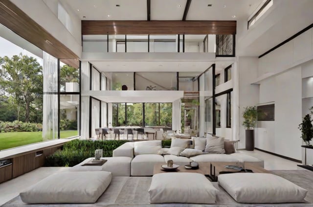 A modern house exterior with a large open floor plan and a spacious living area. The living room is filled with white furniture, including couches and chairs, and features a large window that allows for plenty of natural light. The space is further enhanced by the presence of potted plants and vases, adding a touch of greenery and elegance to the room.